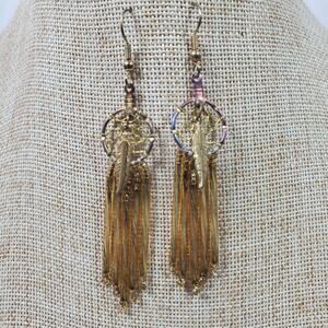 Vintage Hippie Dream Catcher Feather Earrings Gold Tone 3.5 Inch Dangle Drop